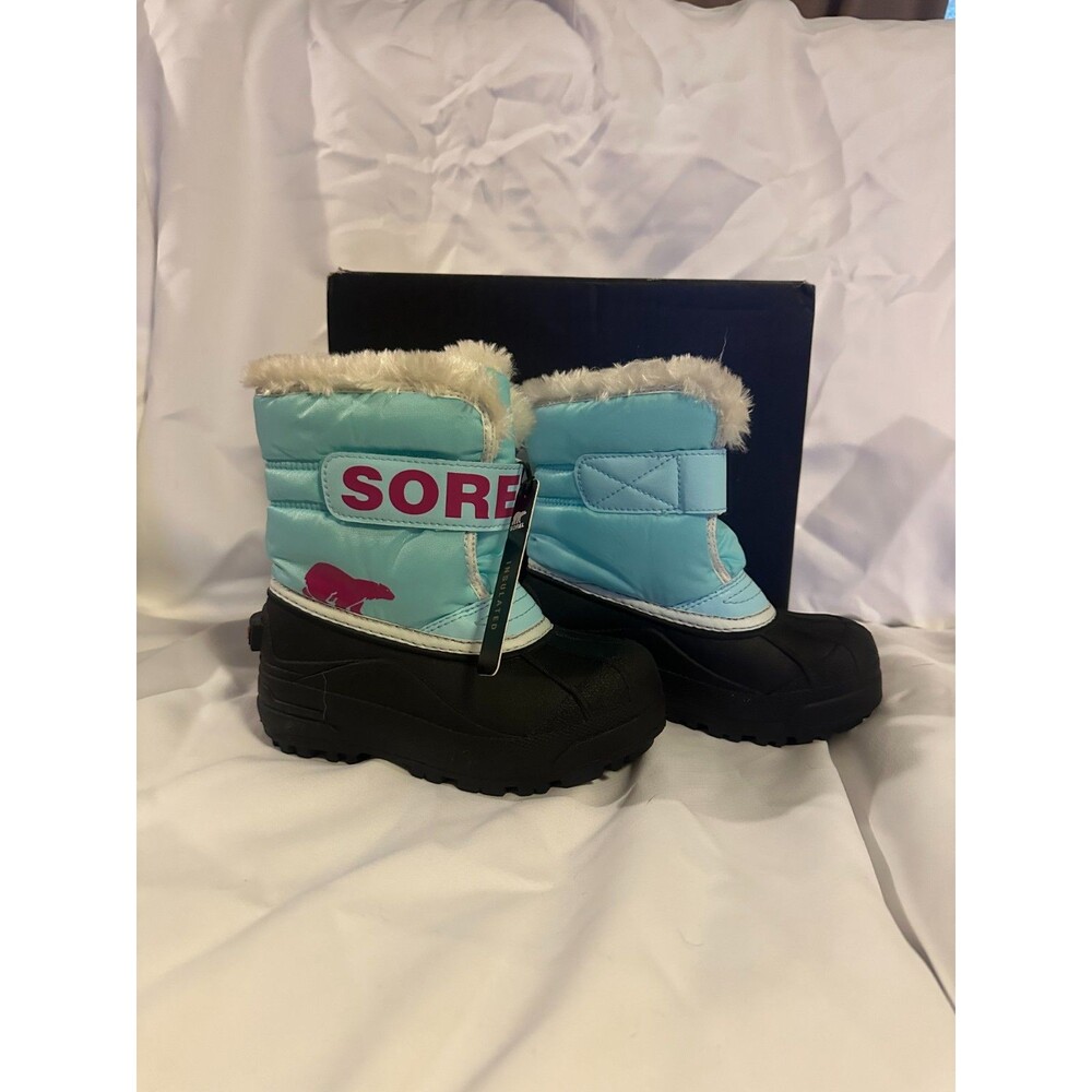 New Sorel Childrens Snow Commander Insulated Boots Size 11 Ocean Surf/Pink